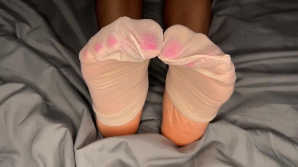 Poster for Tan Nylons Removal In Bed - Pink Foxx - Manyvids Model - Sfw, Nylon Worship, Wrinkled Soles (Пинк Фокс)