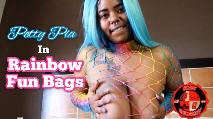 Poster for Manyvids Star - Finnysplayhouse - Finnysplayhouse Petty Pias Rainbow Fun Bags - Boob Bouncing, Ebony, Huge Boobs (Огромные Сиськи)