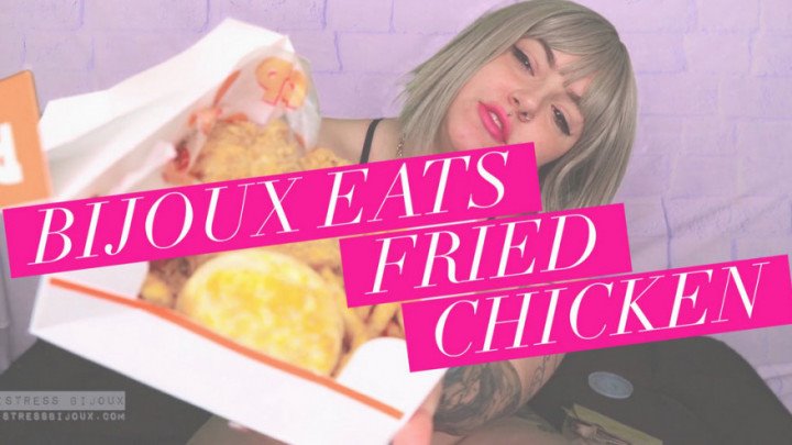 Poster for Manyvids Star - Mistressbijoux Bijoux Eats Fried Chicken - Mistressbijoux - Eating, Belly Fetish, Gaining Weight (Есть)