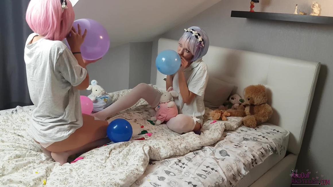 Poster for Aiko Moe - Manyvids Model - Ballons Pops Fun Rem And Ram - September 24, 2017 - Slow Motion, Girl Girl, Balloons (Айко Мо Замедленная Съёмка)