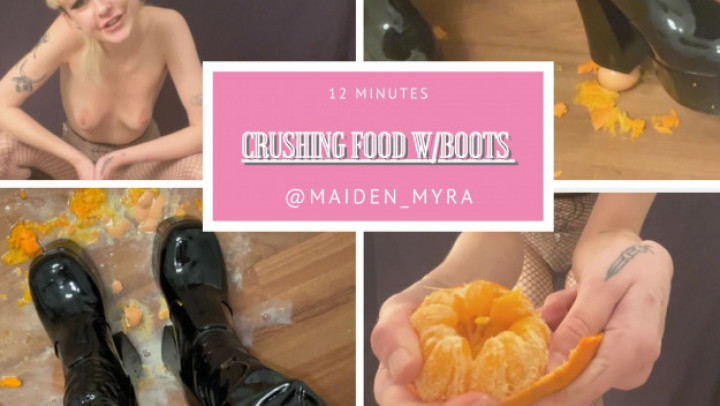 Poster for Maiden_Myra - Stepping On Fruit & Eggs With Huge Boots - Manyvids Model - Food & Object Crush, Foot Domination (Еда И Дробление Предметов)