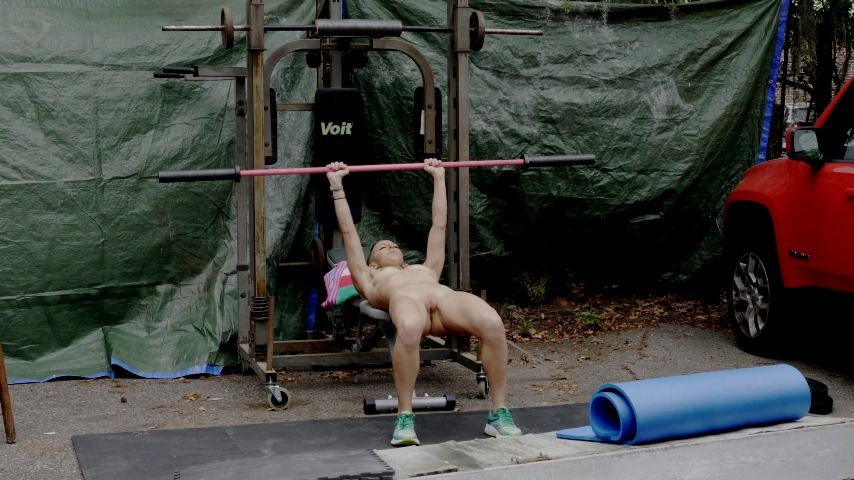 Poster for Manyvids Model - First Ever Outdoors Nude Workout Video - June 10, 2022 - Lora Cross - Strength Training, Weightlifting Female (Лора Кросс Силовая Тренировка)