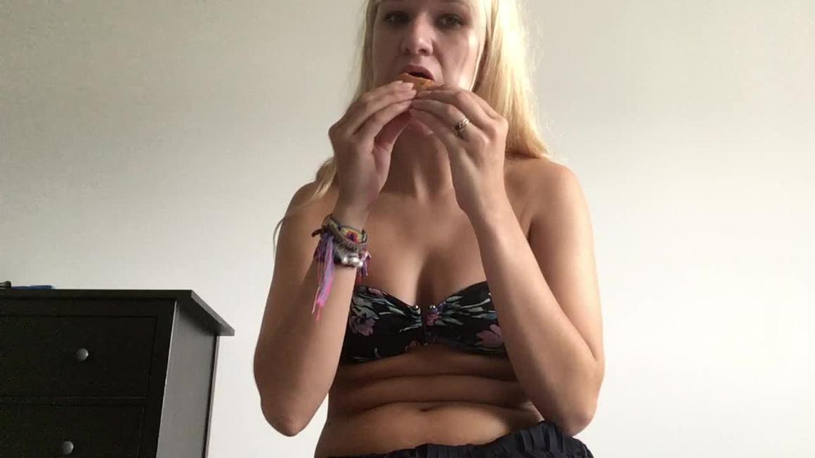 Poster for Goddess Vanessa - Bikini Top And Cheeseburgers - Manyvids Model - Eating, Bloated Belly (Богиня Ванесса Есть)